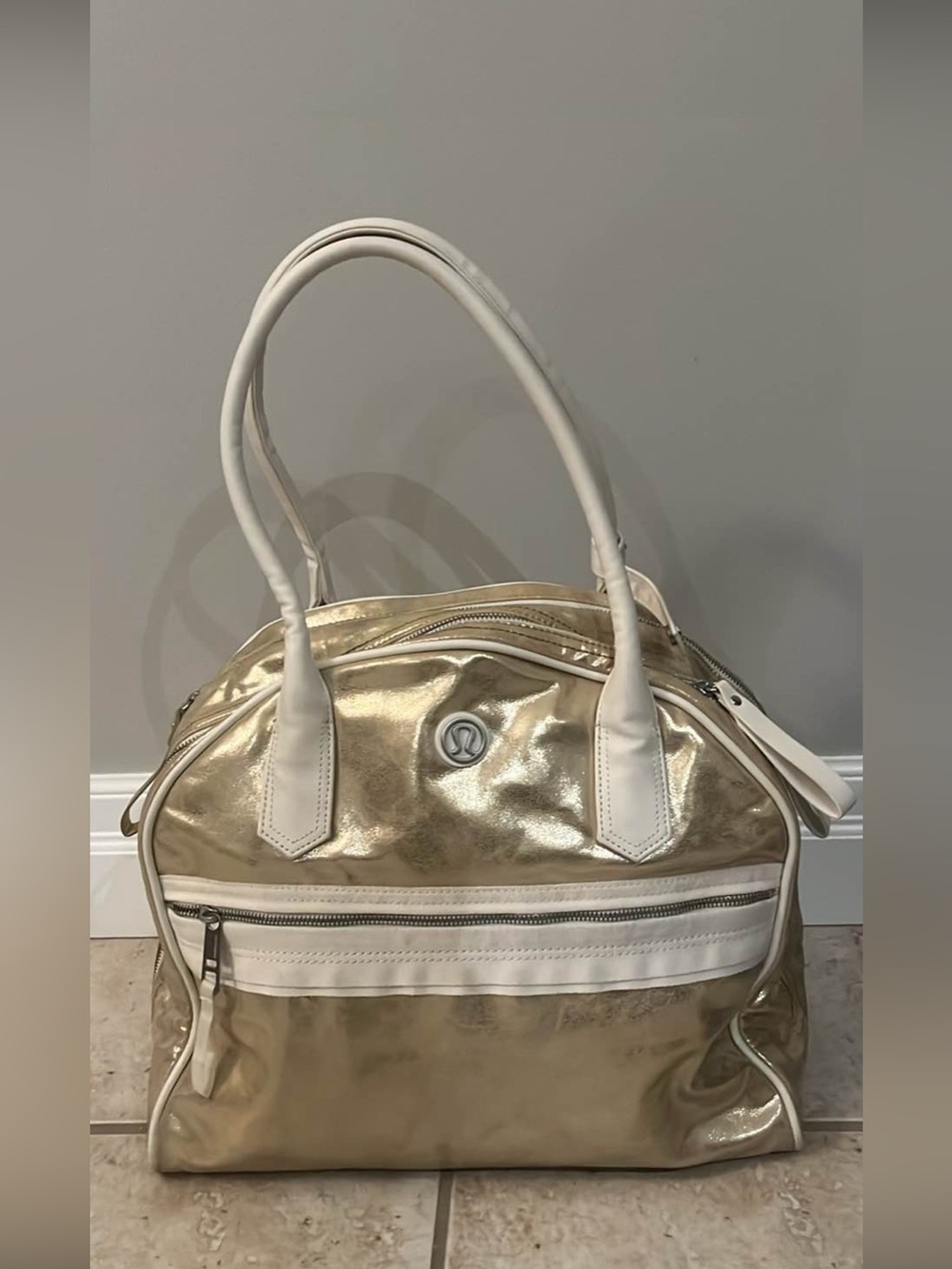 Rare Lululemon Metallic Gold Yoga Bag with White Trim